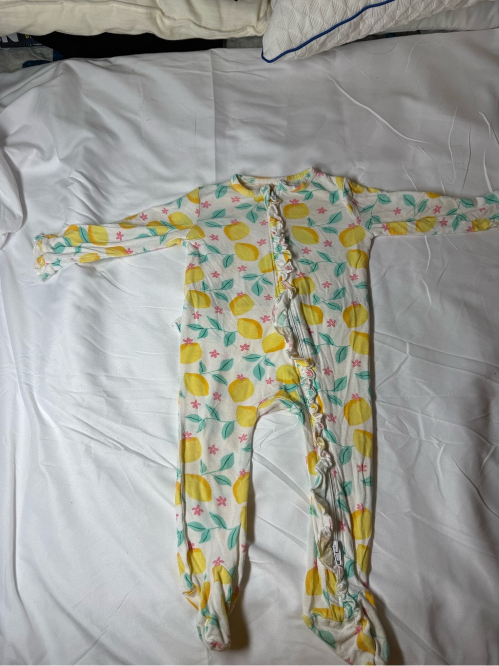 Little Me Lemon Print Footed One-Piece — Yellow, Green & Pink